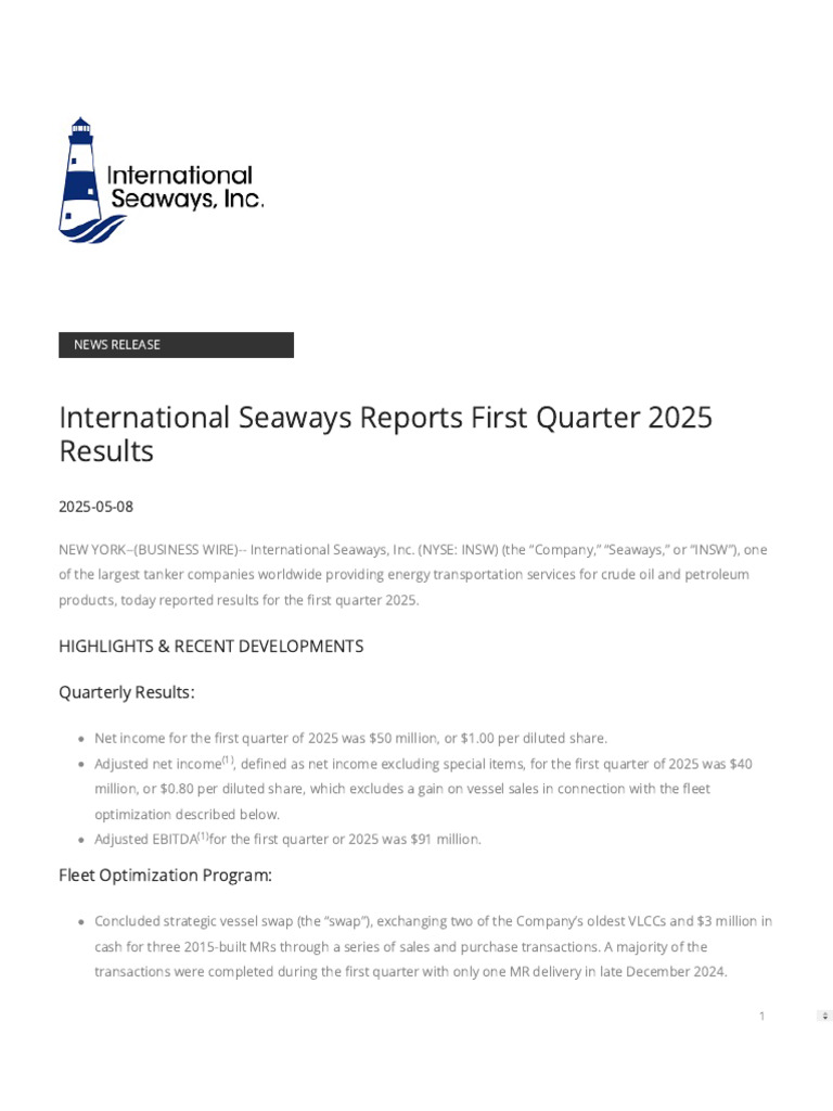 International Seaways Reports First Quarter 2025 Results 2025 | PDF ...