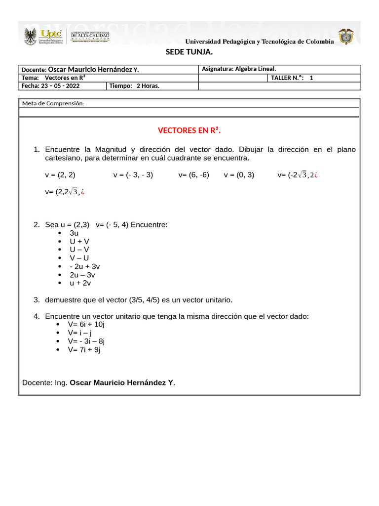 Taller de Vectores en R² - Algebra Lineal | PDF