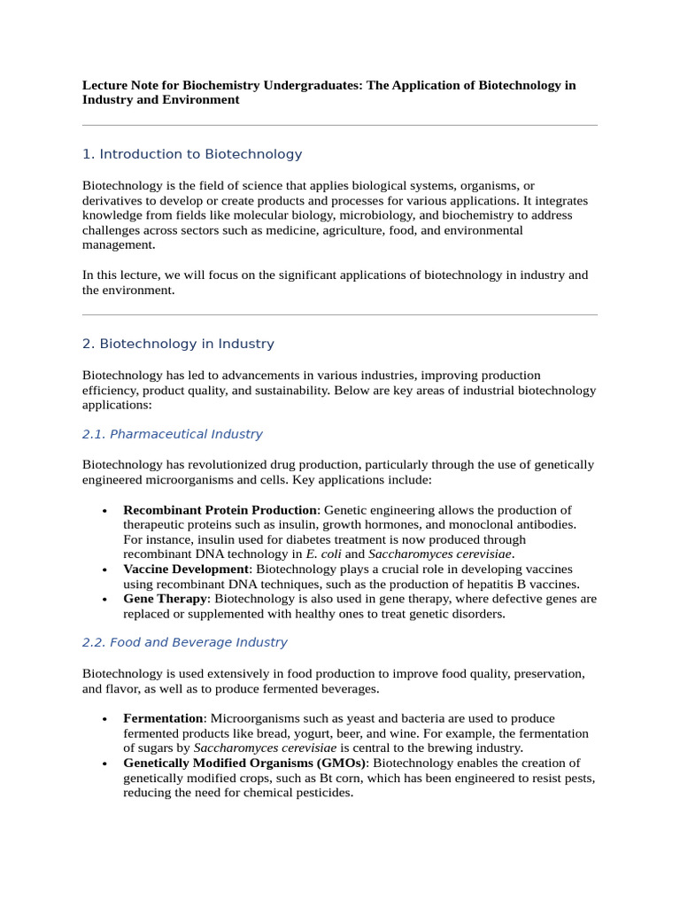 Biotechnology Applications in Industry & Environment | PDF ...