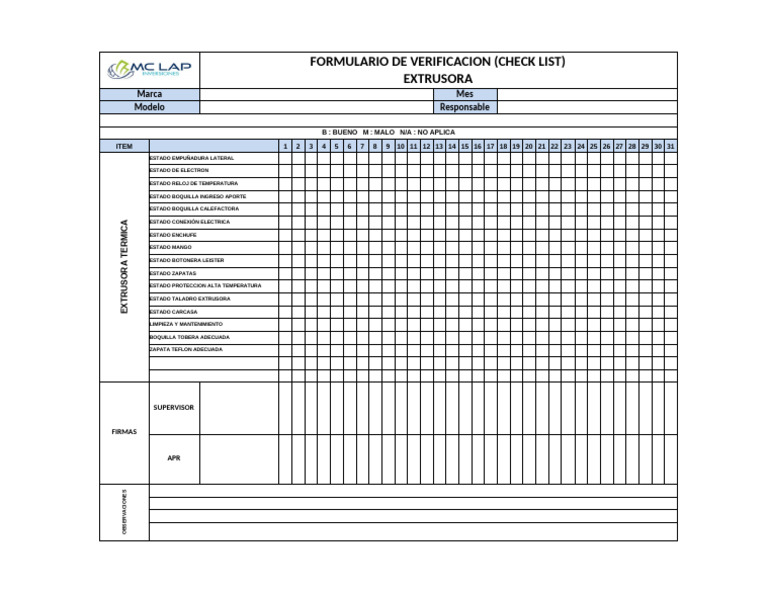 Check List Extrusora Mensual | PDF