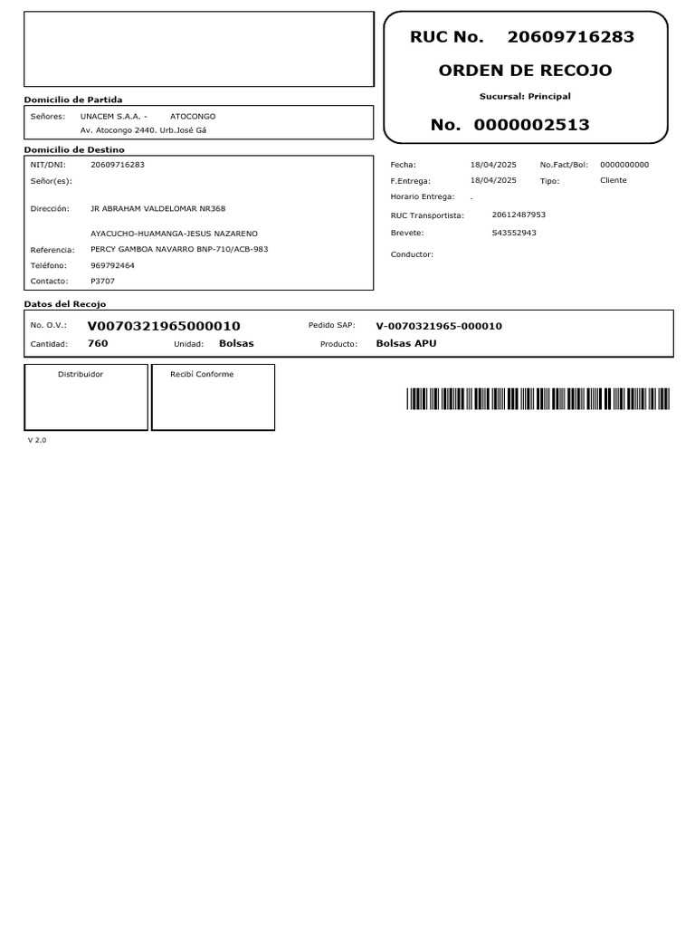 1XT09GU000HQUZB : Orden de Recojo No. 0000002513 Ruc No. 20609716283 | PDF