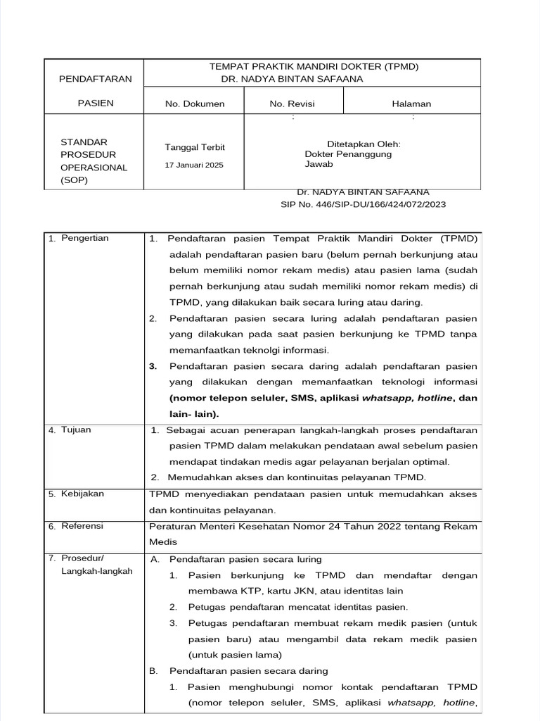 SOP Pendaftaran Pasien TPMD | PDF