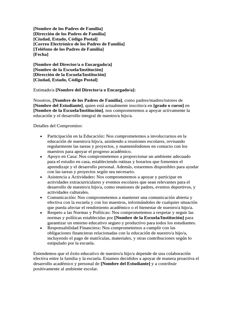 Carta de Compromiso para Padres de Familia | PDF | Escuelas | Aprendizaje