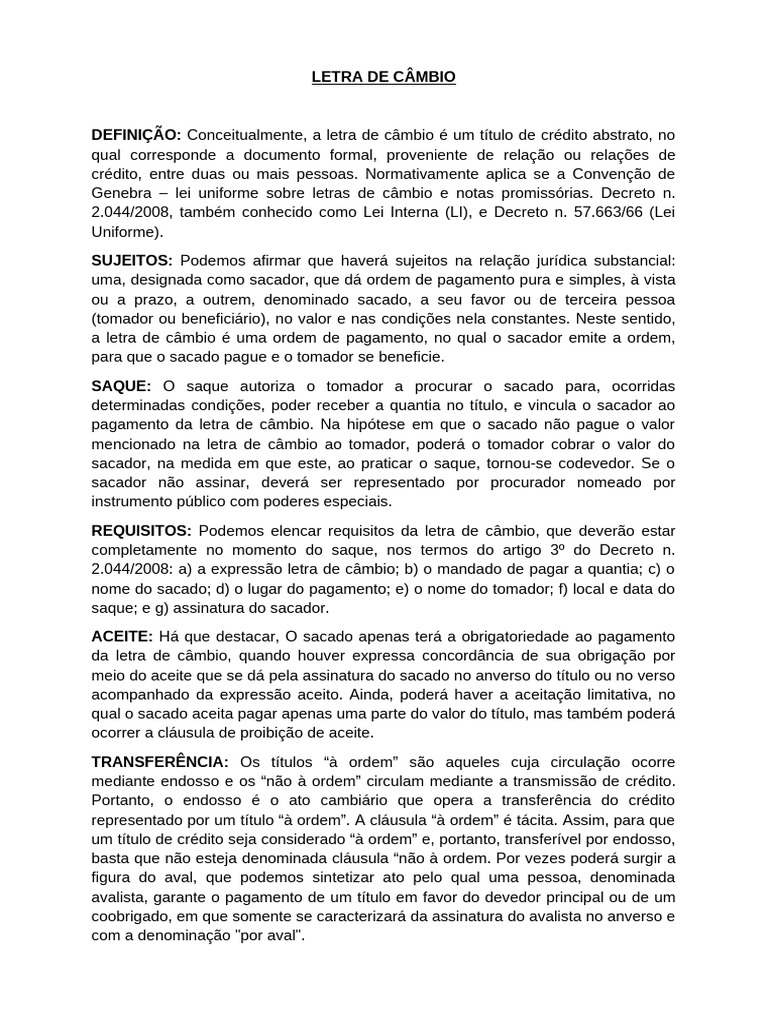Requisitos e Aspectos da Letra de Câmbio | PDF | Nota promissória | Justiça
