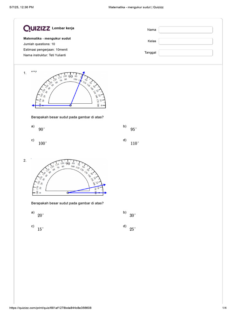 Lembar Kerja Mengukur Sudut Matematika | PDF