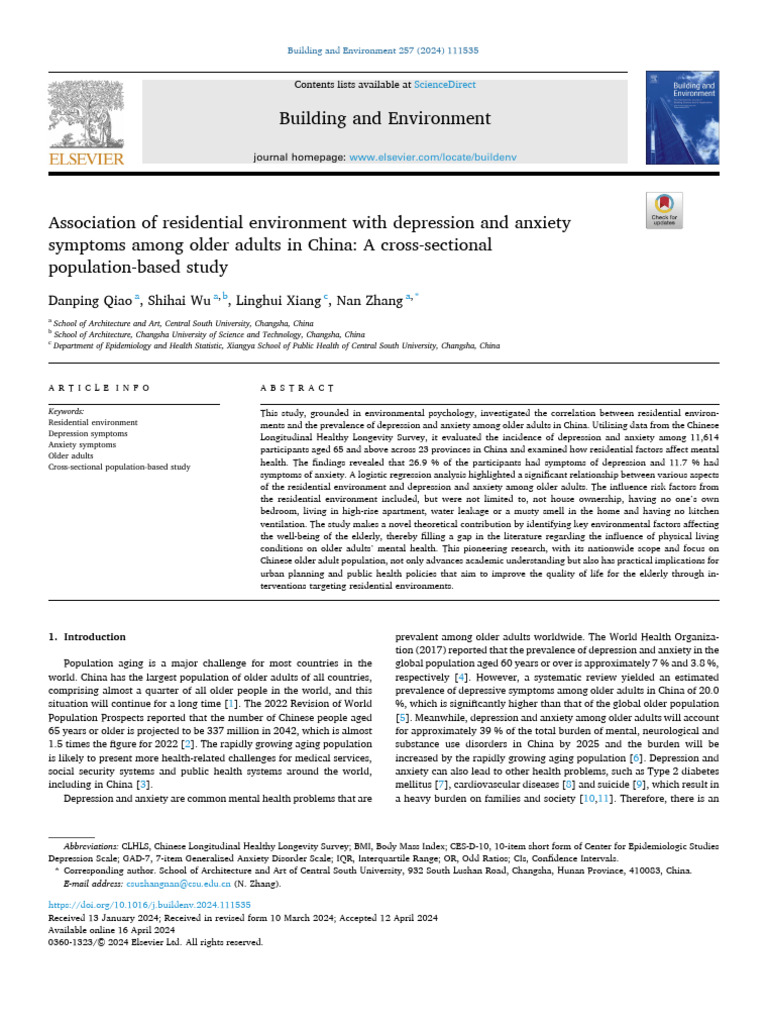 Association of Residential Environment With Depression and Anxiety ...