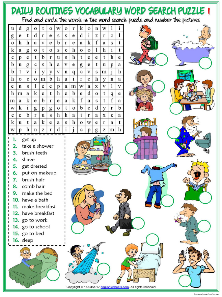 Daily Routines Vocabulary Esl Word Search Puzzle Worksheets For Kids | PDF