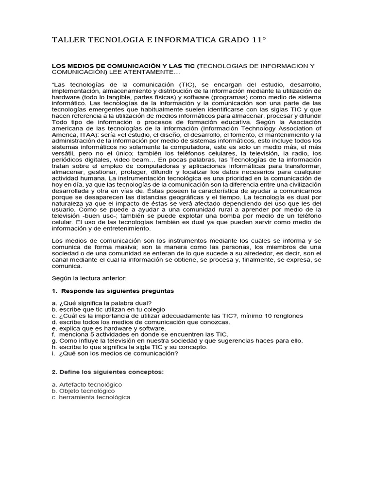 TALLER TECNOLOGIA E INFORMATICA GRADO 11 | PDF | Tecnologías de la ...