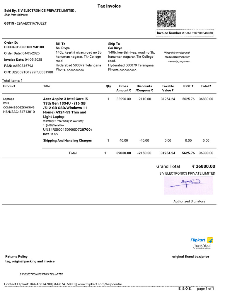 Invoice for Acer Laptop Purchase | PDF | Personal Computers