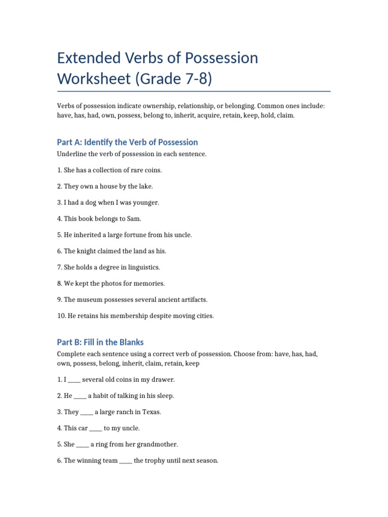 Possession Verbs Worksheet for Grades 7-8 | PDF