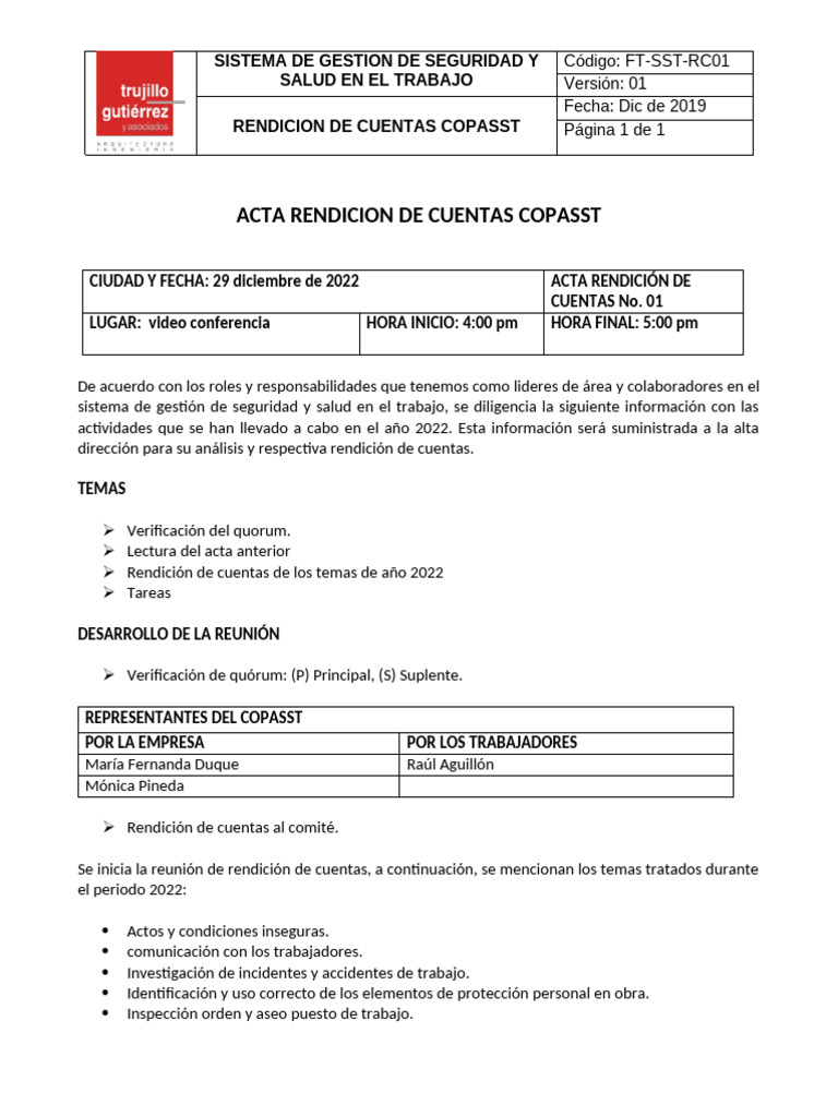 Acta de Rendición de Cuentas COPASST 2022 | PDF