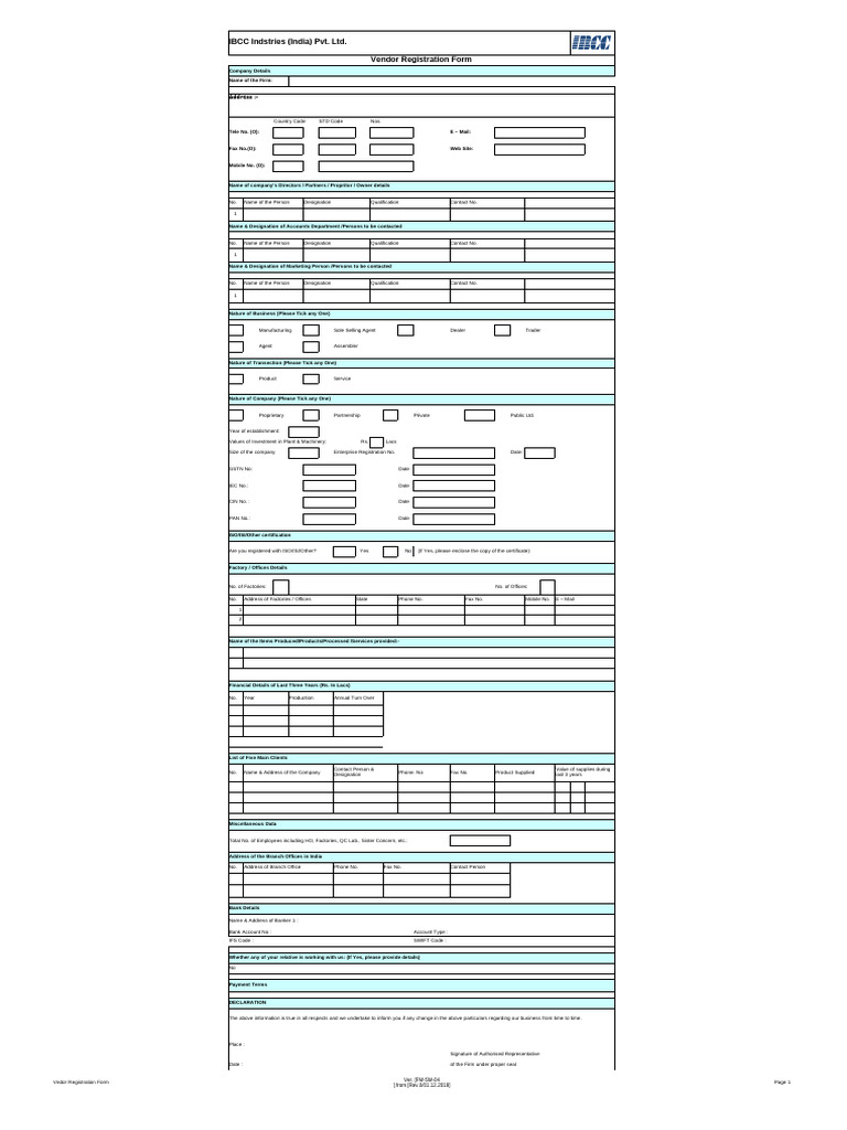 IBCC Industries Vendor Registration Form | PDF