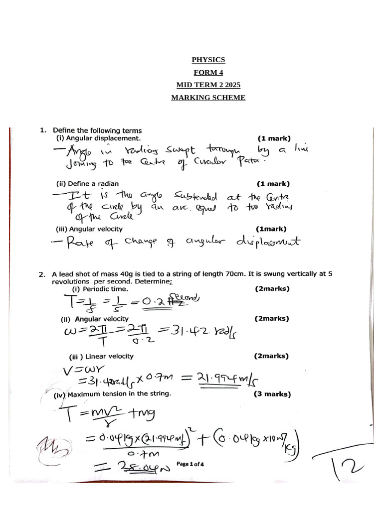 Physics Form 4 Mid Term 2 Marking Scheme | PDF