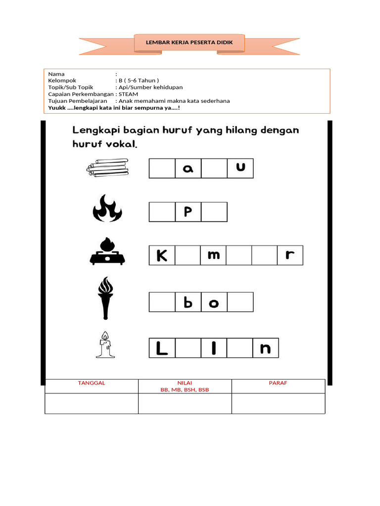 Lembar Kerja Anak: Tema Api 5-6 Tahun | PDF