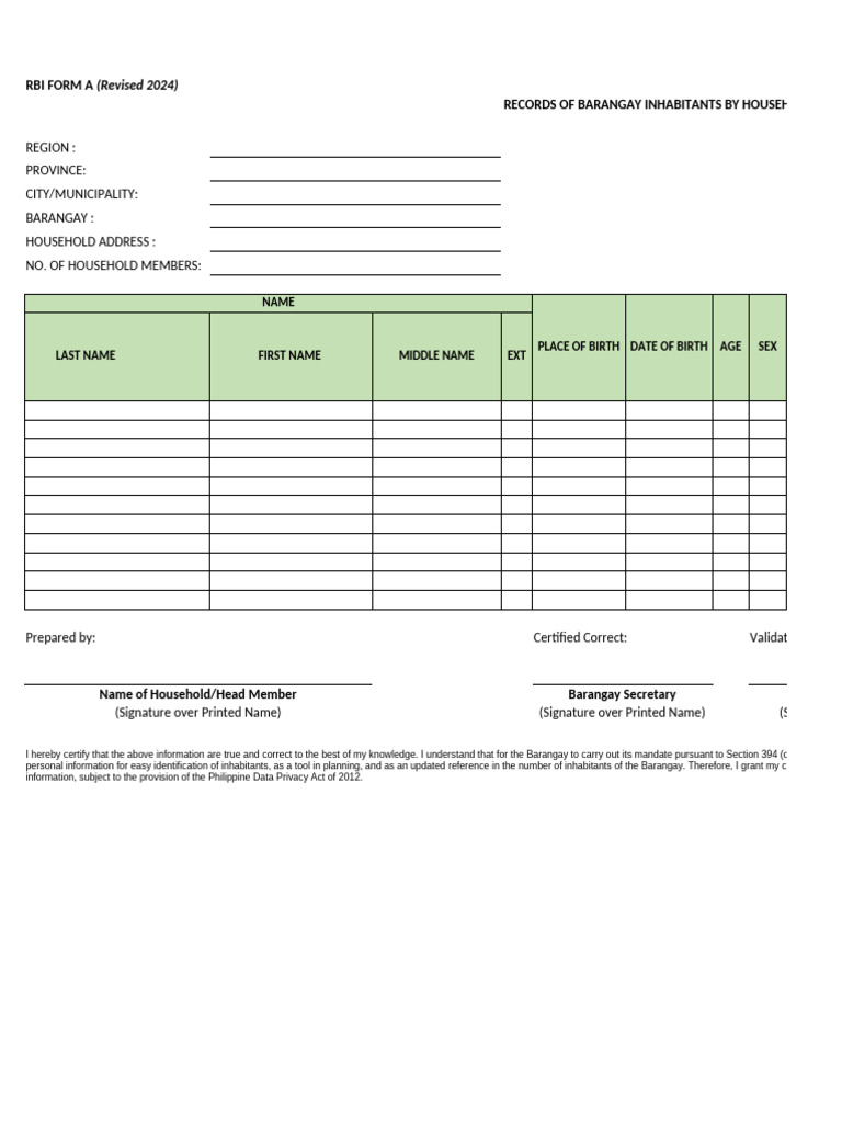 Barangay Household Records Form 2024 | PDF