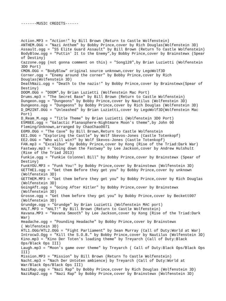 Wolfenstein Music Credits Overview | PDF | First Person Shooters