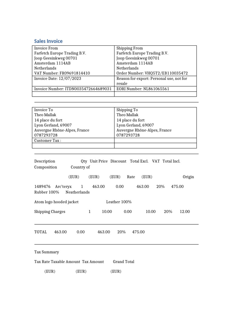 Sales Invoice for Arc'teryx Purchase | PDF