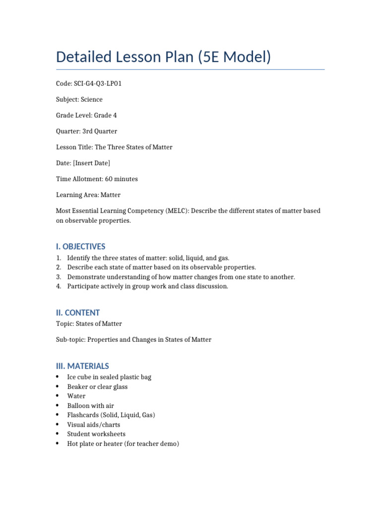 Grade4 Science LessonPlan StatesOfMatter | PDF | Water | Gases