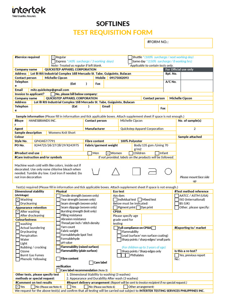 Quickstep Apparel Testing Request Form | PDF | Yarn | Materials