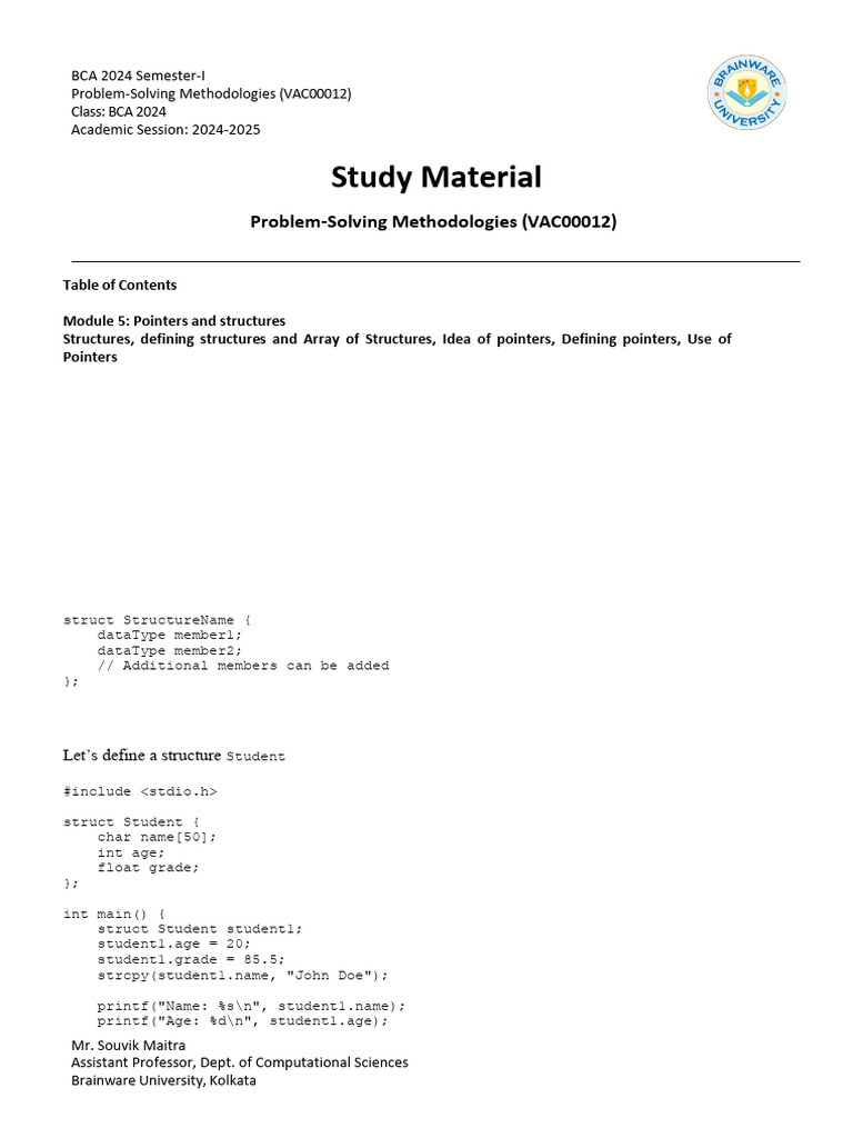 C Structures and Pointers Guide | PDF | Pointer (Computer Programming ...