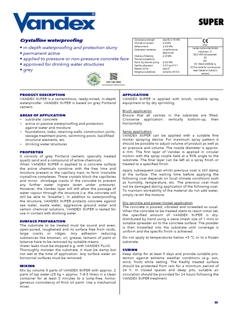 Vandex Super Waterproofing Overview | PDF | Concrete | Water