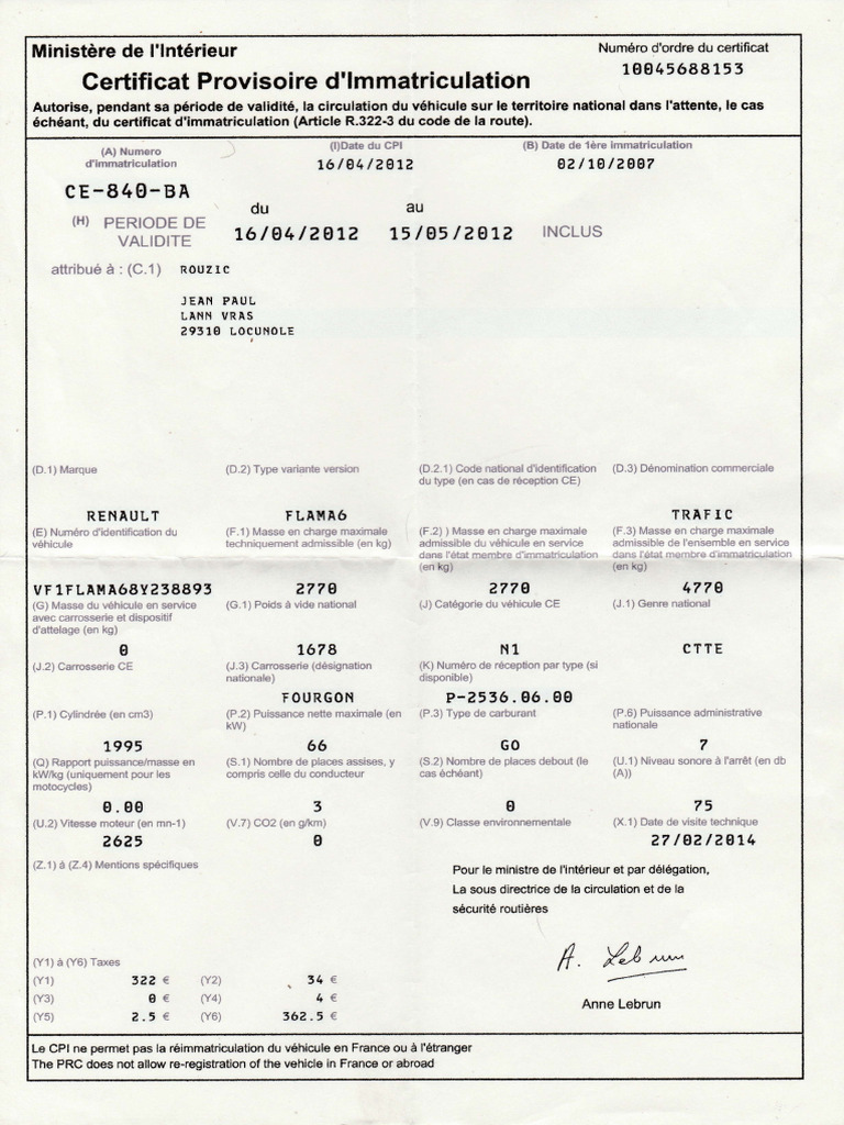 Certificat Provisoire D Immatriculation PDF V hicule Motoris 