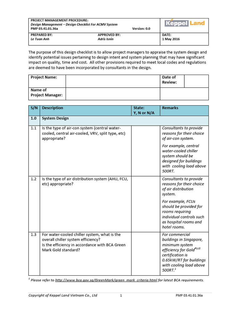 ACMV System Design Checklist Guide | PDF | Duct (Flow) | Pump