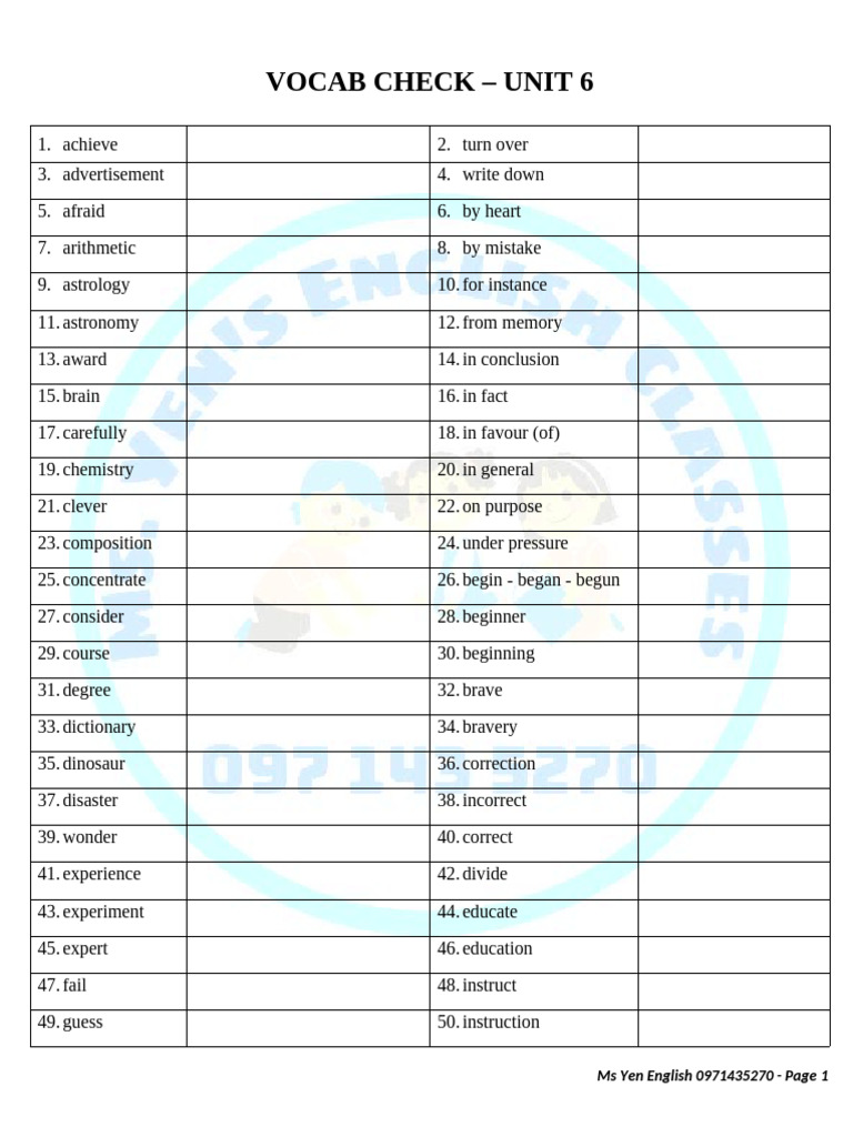 Vocabulary List for Unit 6 | PDF