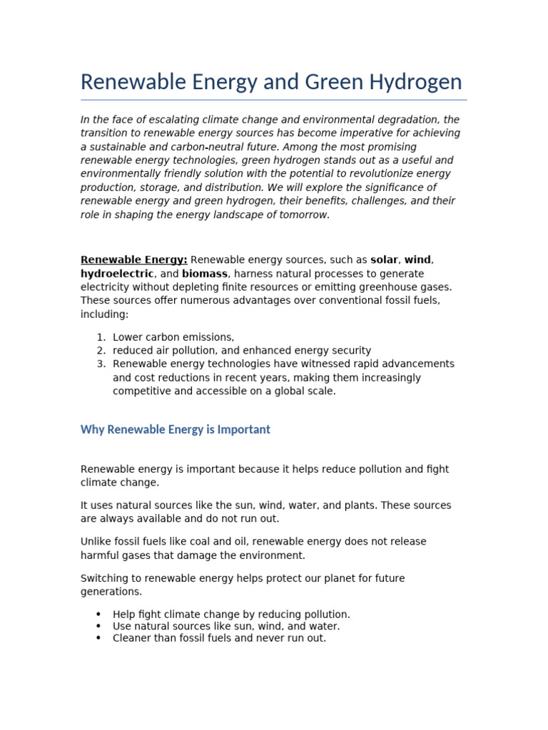Green Hydrogen and Renewable Energy Insights | PDF | Renewable Energy ...