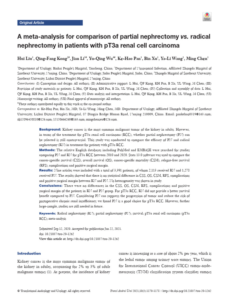 Comparison of Partial Nephrectomy Vs Radical Nephrectomy in Patients ...