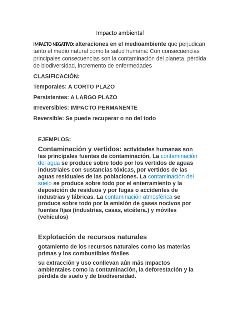 Impacto Ambiental: Tipos y Ejemplos | PDF | Contaminación | Entorno natural