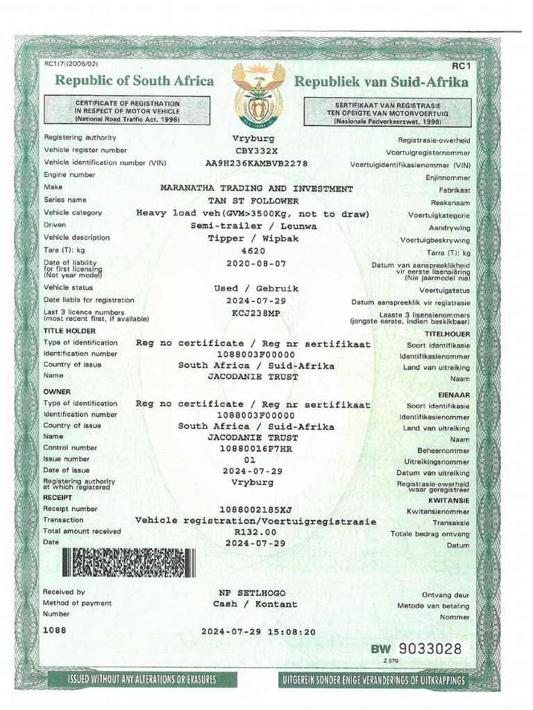 Leader Trailer Registration Certificate - LCF 078 NW | PDF