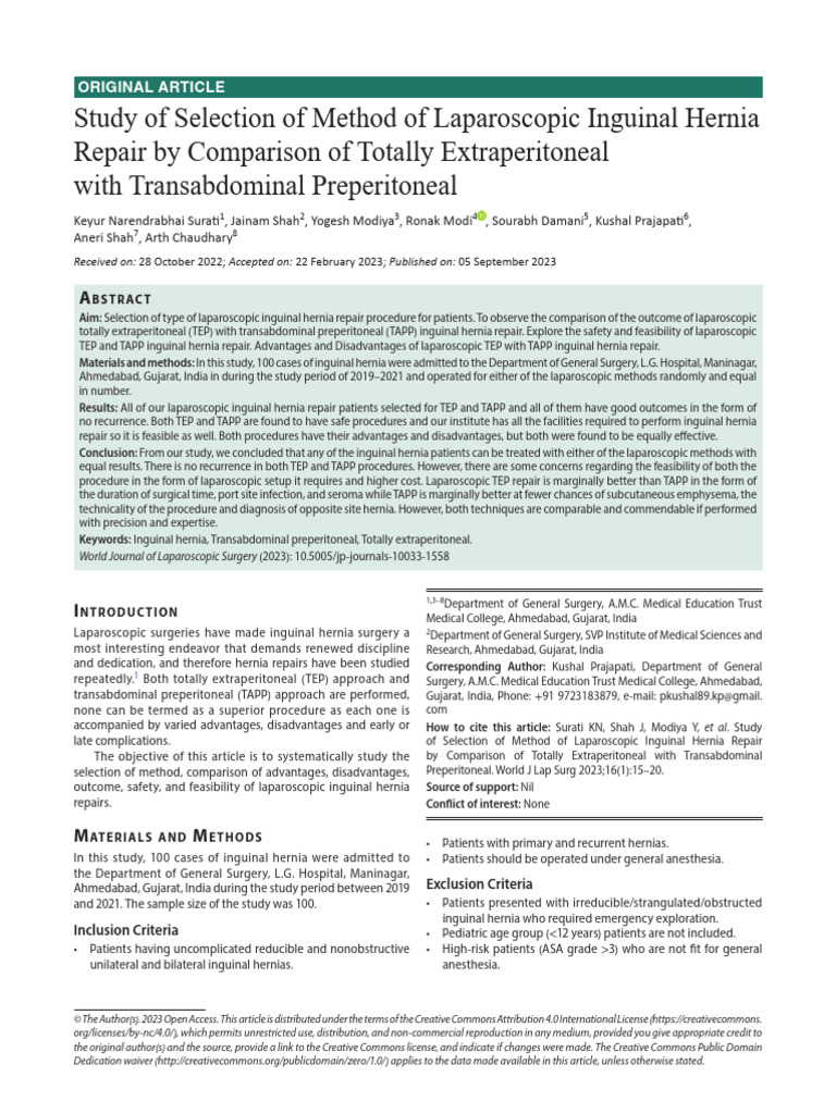 Study of Selection of Method of Laparoscopic Inguinal Hernia Repair by ...