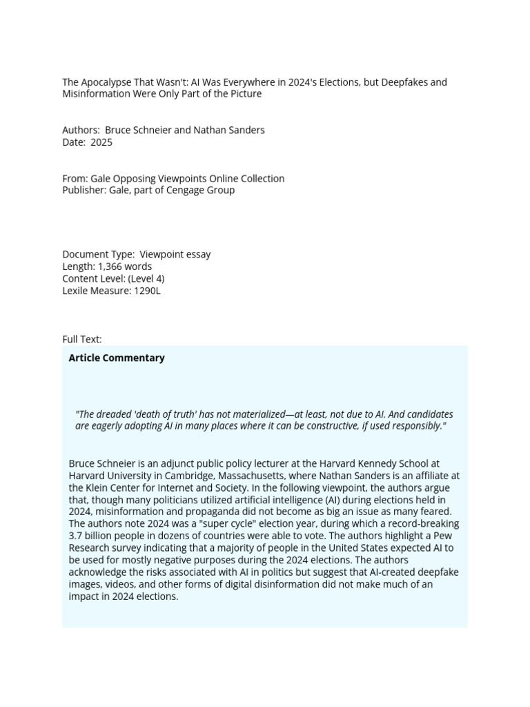 AI's Role in 2024 Elections: Misinformation Impact | PDF | Artificial ...