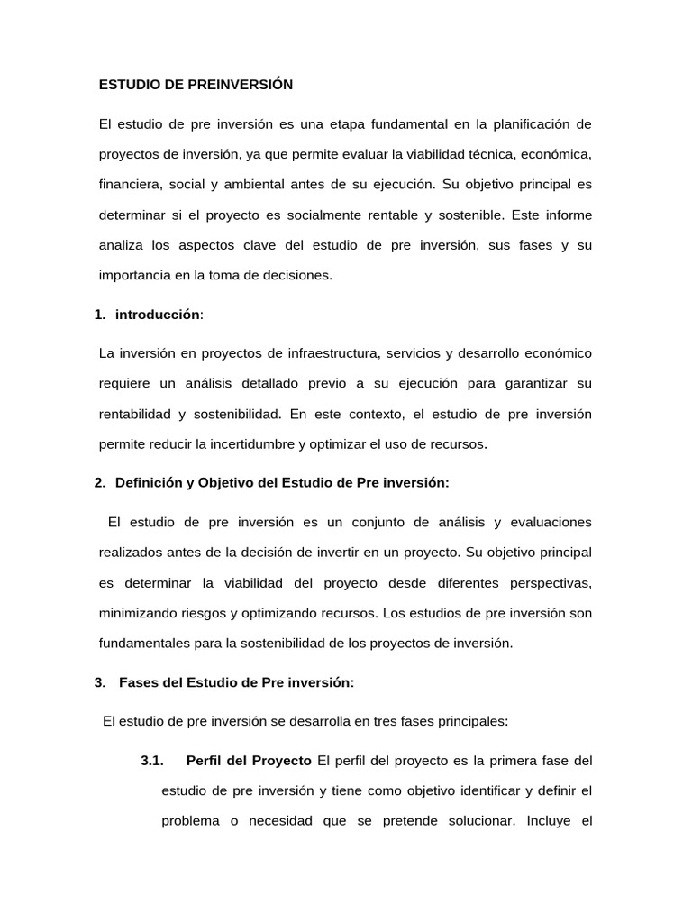 Estudio de Preinversión: Guía Completa | PDF | Estudio de factibilidad ...