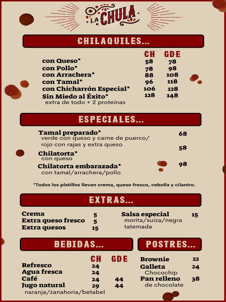 Menu Papel. La Chula 1 | PDF