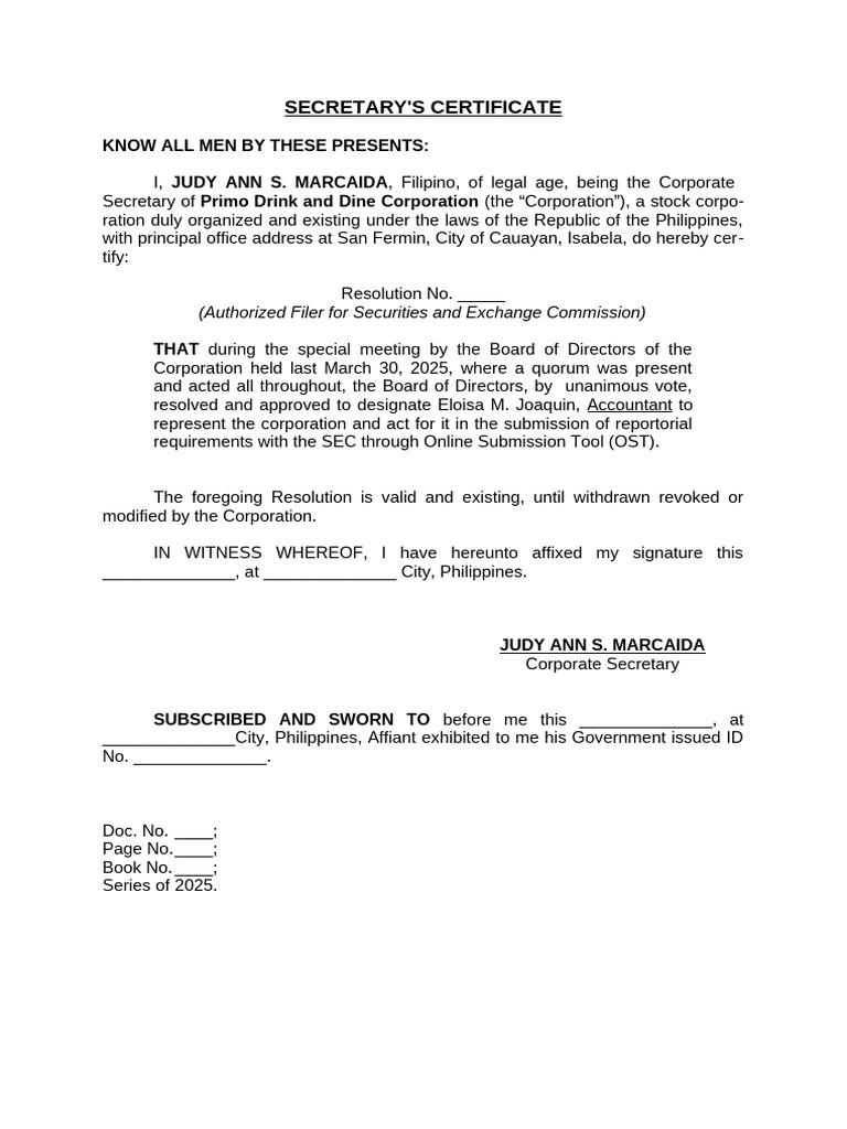 Secretary's Certificate for SEC Filing | PDF