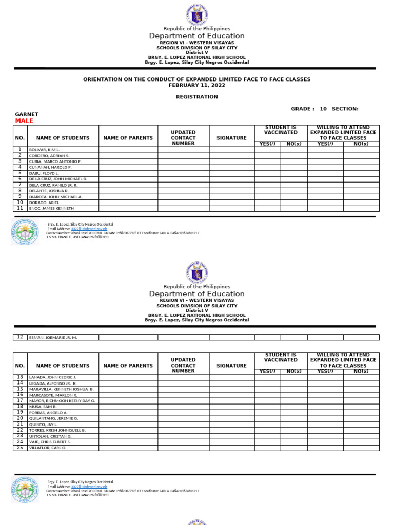 Registration Form On The Expanded Limited Face To Face Classes ...