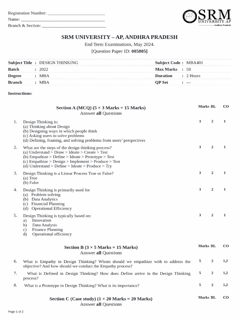 5805 Mba401 Design Thinking End Term Examinations May 2024 | PDF