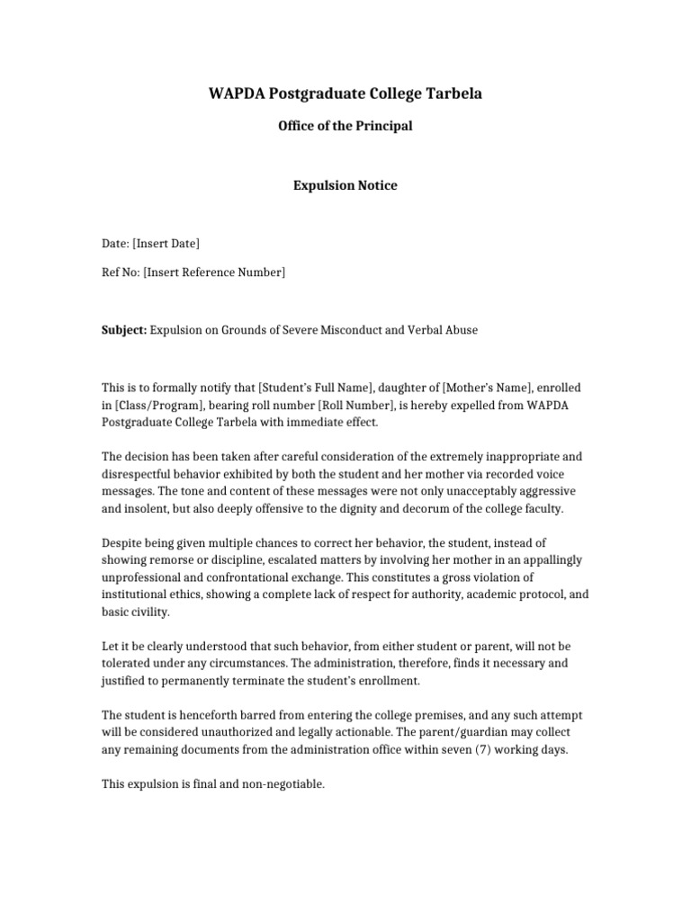 Expulsion Notice WAPDA College | PDF