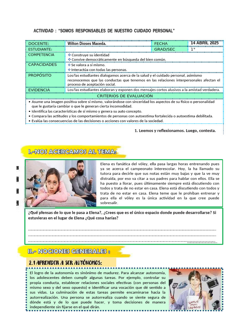 1 Grado DPCC Somos Responsable Cuidado Personal | PDF | Las emociones ...