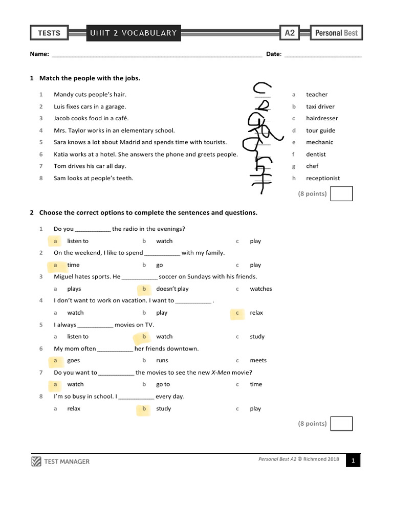 Personal Best A2 Unit 2 Vocabulary Test | PDF