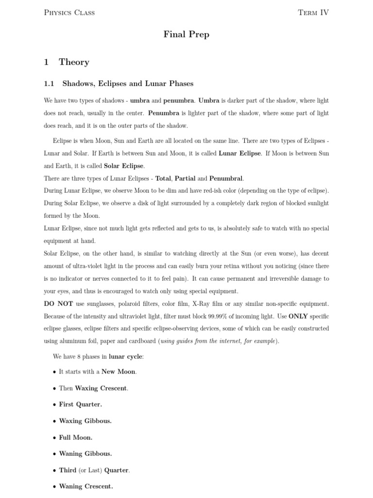 Physics Final Prep: Eclipses, Mirrors, Lenses | PDF | Solar Eclipse ...