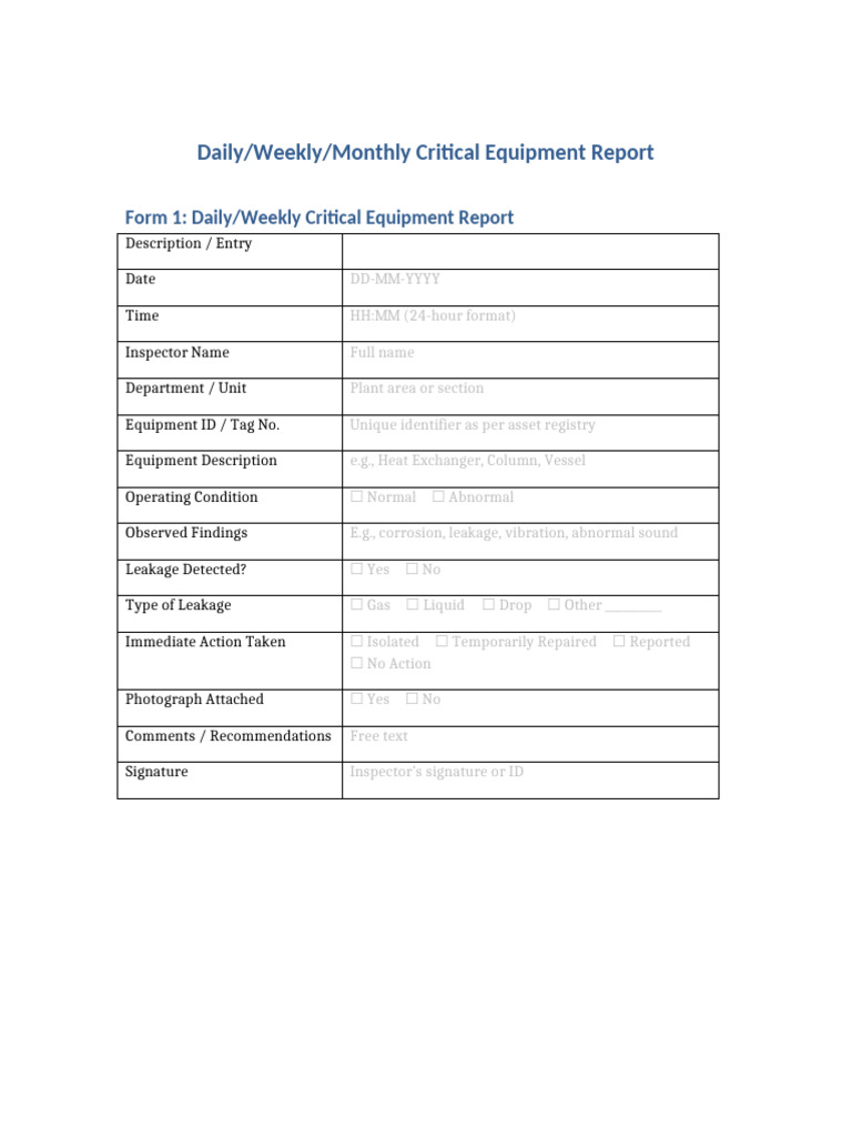 Critical Equipment Inspection Report | PDF