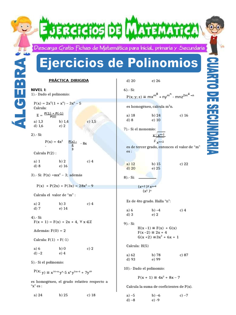 Ejercicios de Polinomios para Cuarto de Secundaria | PDF | Análisis ...