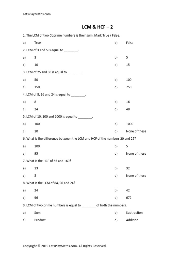 LCM Practice Questions for Class 5 | PDF