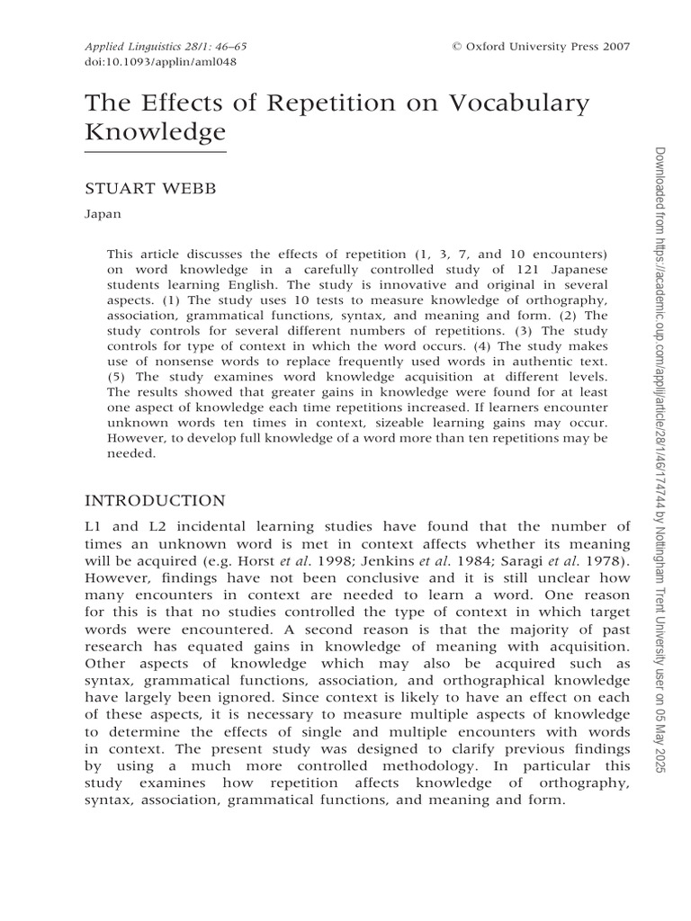 Effects of Repetition on Vocabulary Learning | PDF | Second Language ...