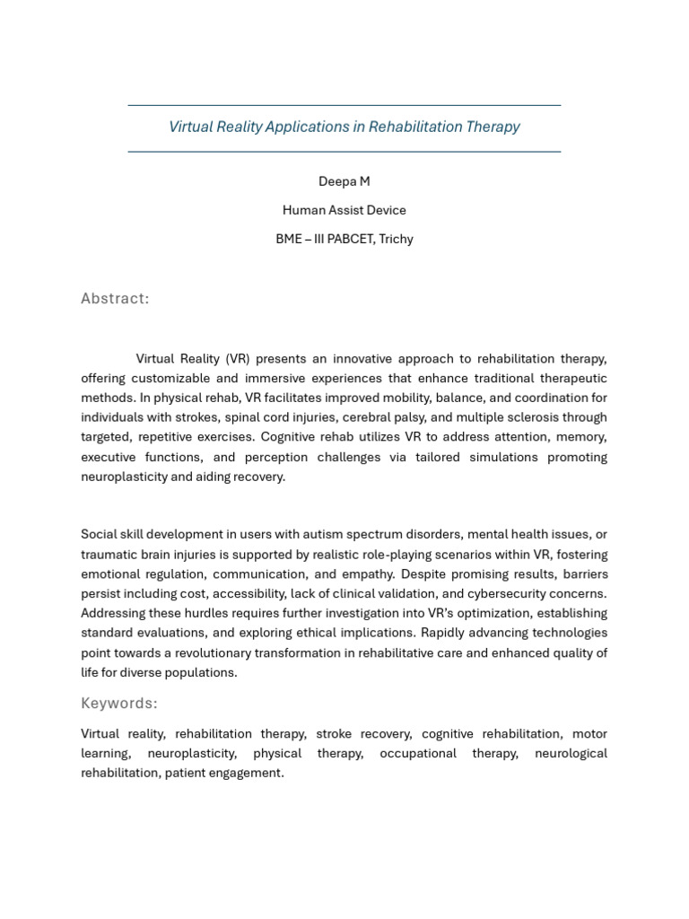 VR Innovations in Rehabilitation Therapy | PDF