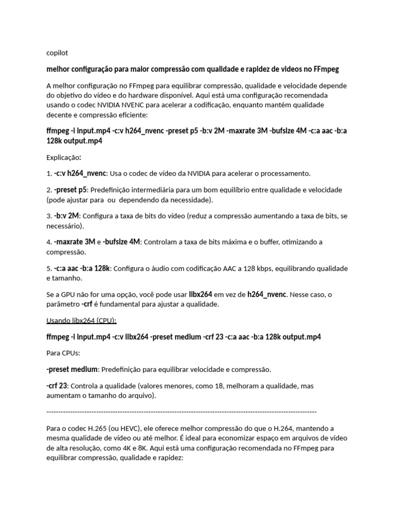 Configurações FFmpeg para NVENC e HEVC | PDF | Codec | Tecnologia digital