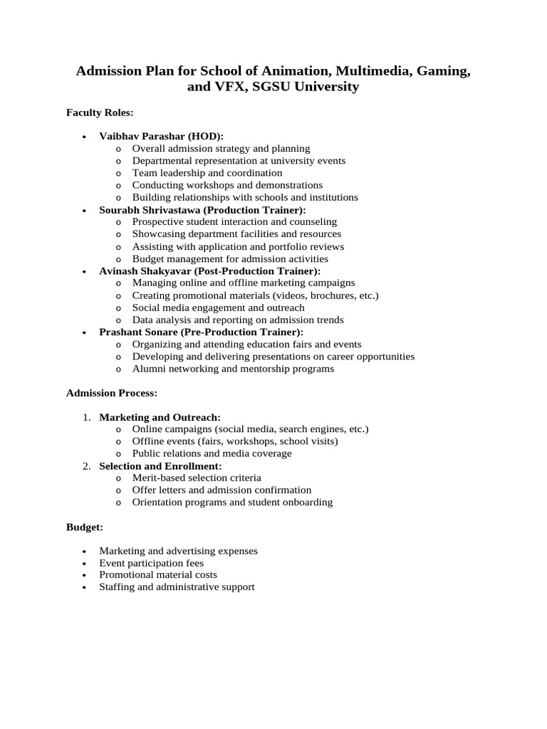 SGSU Animation Admission Plan Overview | PDF